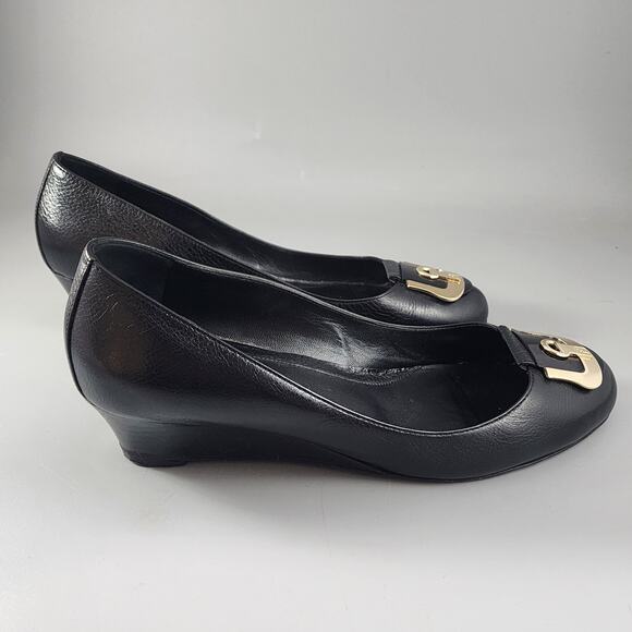 Fendi Black Leather Wedge Pumps Gold Logo Accent - IT Size 40 - US Size 10 - Picture 5 of 13